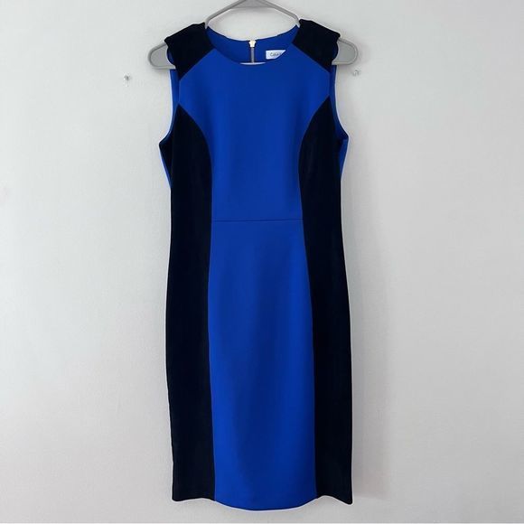 Calvin Klein Blue Scuba Knit Black Faux Suede Colorblock Sleeveless Sheath Dress - Picture 3 of 11